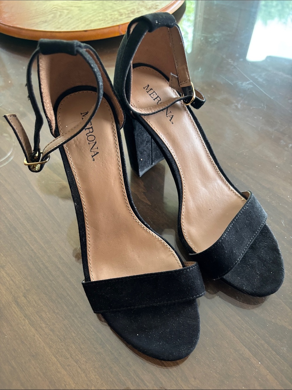 Merona Black Suede Ankle-Strap Block Heels